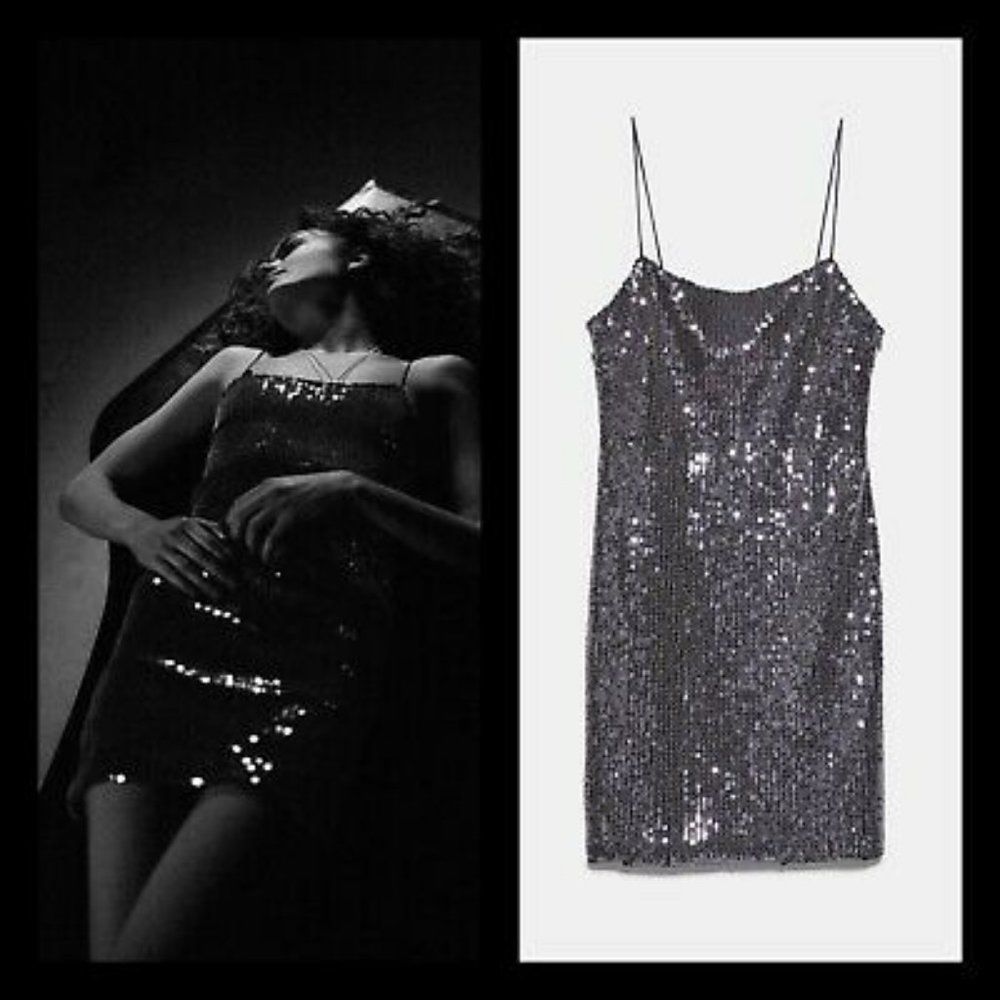 NWT Zara Silver Sequin Mini Bodycon Dress